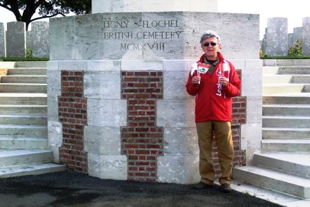 CIMG8474 Sep 6 2017 Pieter at base of cross of remembrance at Ligny St Flochel British cemetery where Desroches is buried