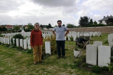 CIMG8596 Sep 7 2017 Pieter with a CWGC gardener at St Sever Cemetery Extension