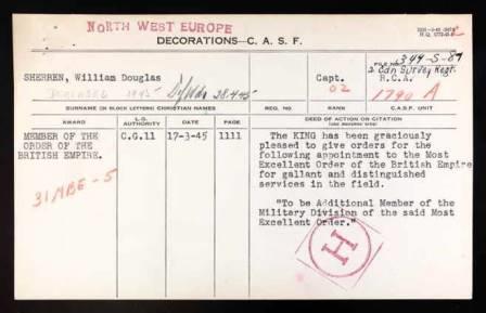 Notice of decoration awarded to WD Sherren