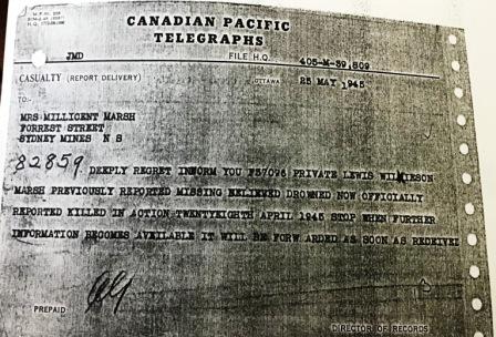 Telegram advising Marsh is KIA