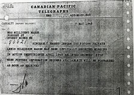 Telegram advising Marsh is missing