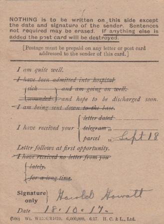 Field post card back dated Oct 18 1917 from Harold Howatt
