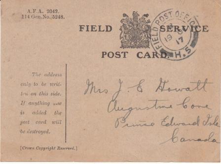 Field post card front mailed Oct 19 1917 from Harold Howatt
