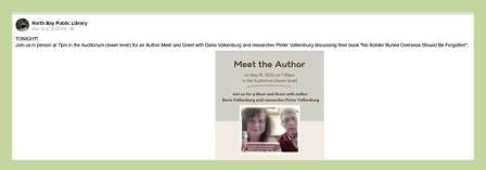 Pre Author Talk North Bay Library Facebook Entry